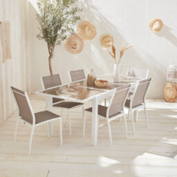 Sweeek - 6-Seater Extendable Aluminium Garden Table Set With Chairs White 210X90X75 Cm - Orlando - thumbnail 1
