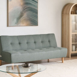 Wyld And Coco 3-Seater Sofa Bed In Green Fabric With Light Rubberwood Legs, Scandinavian Style, Single Bed Conversion - thumbnail 2