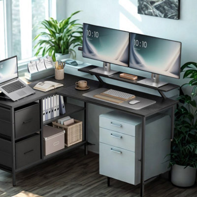 FURNOLD Industrial Rustic L-Shaped Corner Computer Desk With Drawers Black - image 1