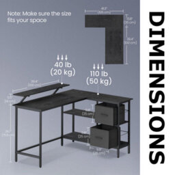 FURNOLD Industrial Rustic L-Shaped Corner Computer Desk With Drawers Black - thumbnail 8