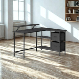 FURNOLD Industrial Rustic L-Shaped Corner Computer Desk With Drawers Black - thumbnail 4