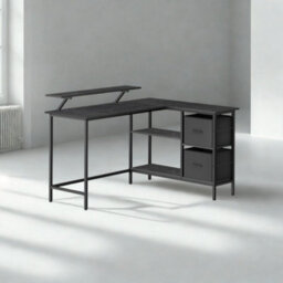 FURNOLD Industrial Rustic L-Shaped Corner Computer Desk With Drawers Black - thumbnail 3