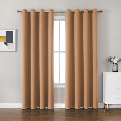 Ameha Thermal Thick Blackout Curtains Ready Made Eyelet Ring Top Beige Curtain Pair 90X90 With Tiebacks Bedroom Living Room Decor - image 1