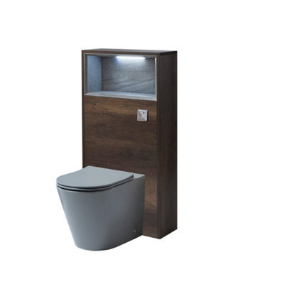 Homestylestore 600mm Dark Oak Floorstanding Bathroom Wc Unit Led Lit Shelf Pebble Toilet And Chrome Flush Button - image 1