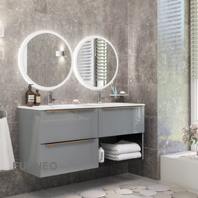 Furneo Bathroom Vanity Unit Floating Storage Basin Gloss Grey 3-Drawer 120Cm With Gold Handle - image 1