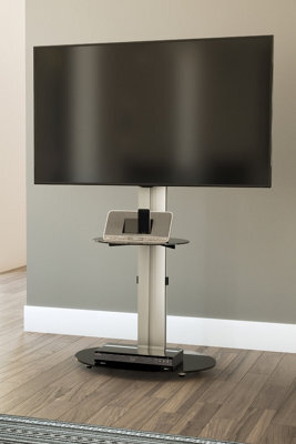 "Avf Eno 60Cm Pedestal Tv Stand With Shelf, For Tvs 32-55"" - Silver & Black Glass" - image 1