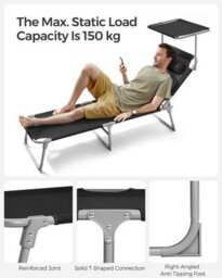 Songmics Sun Lounger, With Headrest, Adjustable Backrest, Reclining Sun Chair, Sunshade, Foldable And Lightweight Black - thumbnail 6