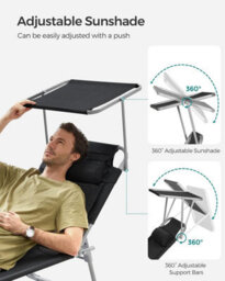 Songmics Sun Lounger, With Headrest, Adjustable Backrest, Reclining Sun Chair, Sunshade, Foldable And Lightweight Black - thumbnail 4