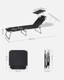 Songmics Sun Lounger, With Headrest, Adjustable Backrest, Reclining Sun Chair, Sunshade, Foldable And Lightweight Black - thumbnail 2