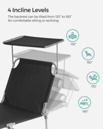 Songmics Sun Lounger, With Headrest, Adjustable Backrest, Reclining Sun Chair, Sunshade, Foldable And Lightweight Black - thumbnail 3