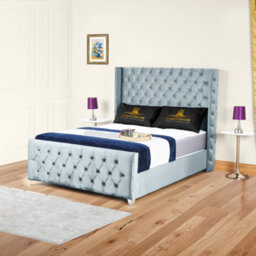 UKBEDFURNITURE Windsor Wingback Steel Plush Valvet Upholstered Bed Frame - Slatted Base With 10 Inch Orthopedic Mattress - 48 Inch Headboard - thumbnail 1