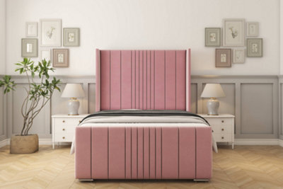 "Sloomy Hargrave Pink Plush Bed Frame With Mattress With 50""  Upholstered Wingback Headboard 2'6 Small Single" - image 1
