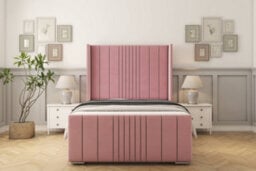 "Sloomy Hargrave Pink Plush Bed Frame With Mattress With 50""  Upholstered Wingback Headboard 2'6 Small Single" - thumbnail 1