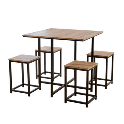 Square Wooden Breakfast Bar Set Black Metal Frame 4 Barstools Kitchen - image 1