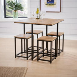 Square Wooden Breakfast Bar Set Black Metal Frame 4 Barstools Kitchen - thumbnail 4