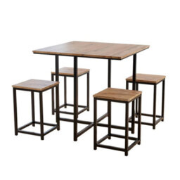 Square Wooden Breakfast Bar Set Black Metal Frame 4 Barstools Kitchen - thumbnail 1