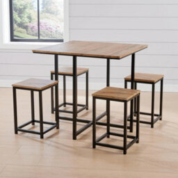 Square Wooden Breakfast Bar Set Black Metal Frame 4 Barstools Kitchen - thumbnail 2