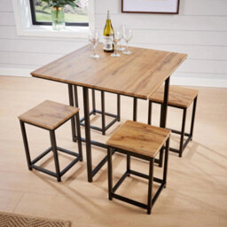 Square Wooden Breakfast Bar Set Black Metal Frame 4 Barstools Kitchen - thumbnail 3