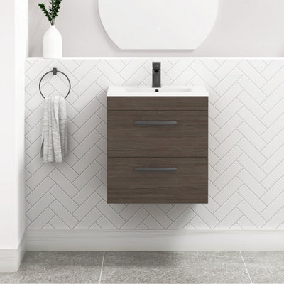 Royal Bathrooms Turin Grey Elm 500mm Wall Hung Vanity Unit 2 Drawer With Minimalist Basin Sink & Matt Black Handles - image 1