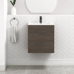 Royal Bathrooms Turin Grey Elm 500mm Wall Hung Vanity Unit 2 Drawer With Minimalist Basin Sink & Matt Black Handles - thumbnail 1