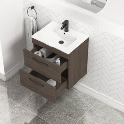Royal Bathrooms Turin Grey Elm 500mm Wall Hung Vanity Unit 2 Drawer With Minimalist Basin Sink & Matt Black Handles - thumbnail 5