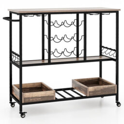 Costway 3 Tiers Kitchen Bar Table Home Serving Cart With Glass Racks-Vintage Brown - thumbnail 2