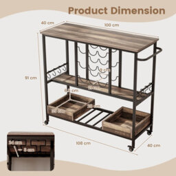 Costway 3 Tiers Kitchen Bar Table Home Serving Cart With Glass Racks-Vintage Brown - thumbnail 3