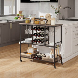 Costway 3 Tiers Kitchen Bar Table Home Serving Cart With Glass Racks-Vintage Brown