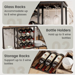 Costway 3 Tiers Kitchen Bar Table Home Serving Cart With Glass Racks-Vintage Brown - thumbnail 4