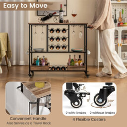 Costway 3 Tiers Kitchen Bar Table Home Serving Cart With Glass Racks-Vintage Brown - thumbnail 5