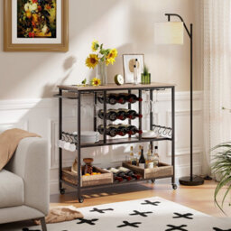 Costway 3 Tiers Kitchen Bar Table Home Serving Cart With Glass Racks-Vintage Brown - thumbnail 8