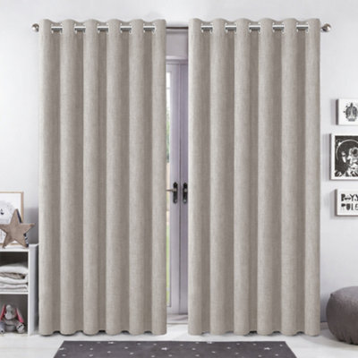 Bedlooms Beige Linen Curtain 100% Blackout Thermal Insulated Eyelet Curtain (Pair) 90 X 90 Inches With Tie Back Two - image 1