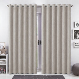 Bedlooms Beige Linen Curtain 100% Blackout Thermal Insulated Eyelet Curtain (Pair) 90 X 90 Inches With Tie Back Two
