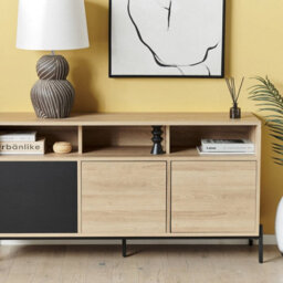 Wyld And Coco Havenhome Three Door Sideboard In Light Brown And Grey, Mdf Finish, W140 X D40 X H76Cm - thumbnail 2
