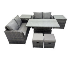 Fimous 6-Seater Patio Height Adjustable Rising Lifting Table Sofa Sets Rattan Garden Furniture Dining Set With 2 Small Stools - thumbnail 1