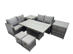 Fimous 6-Seater Patio Height Adjustable Rising Lifting Table Sofa Sets Rattan Garden Furniture Dining Set With 2 Small Stools - thumbnail 2