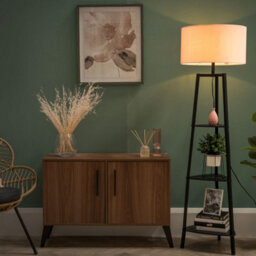 Valuelights Hiru Black 3 Tier Shelf Floor Lamp With Blush Drum Shade And Bulb - thumbnail 1