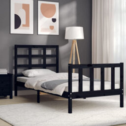 Berkfield Bed Frame With Headboard Black Small Single Solid Wood - thumbnail 4