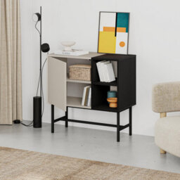Decortie Storage Cabinet Push-To-Open Door Sideboard, Open Shelf,metal Leg, Easy Assembly, Living-Dining Room,sandstone,black Wood - thumbnail 5