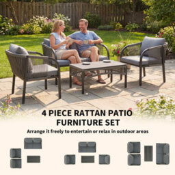 Outsunny 4 Piece Rattan Garden Furniture Set W/ Steel Frame, Cushions, Grey - thumbnail 4