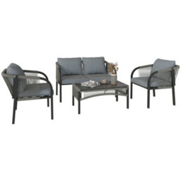 Outsunny 4 Piece Rattan Garden Furniture Set W/ Steel Frame, Cushions, Grey - thumbnail 2