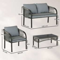 Outsunny 4 Piece Rattan Garden Furniture Set W/ Steel Frame, Cushions, Grey - thumbnail 3