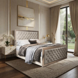 Minsmere Upholstered Soft Velvet Beige Metal Designer Bed Frame