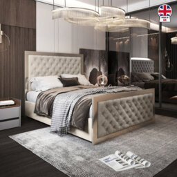 Minsmere Upholstered Soft Velvet Beige Metal Designer Bed Frame - thumbnail 4