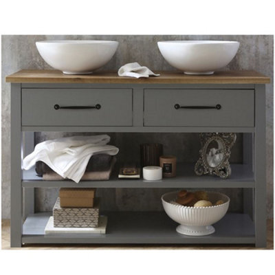 Homestylestore Light Grey And Oak 1215mm Bathroom Cloakroom Vanity Unit With Two Round Countertop Basins And Black T Bar Handles - image 1