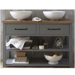 Homestylestore Light Grey And Oak 1215mm Bathroom Cloakroom Vanity Unit With Two Round Countertop Basins And Black T Bar Handles - thumbnail 1