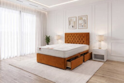 "Knight Sleep Ellis Orange Plush Bed Set With Mattress, 2 Drawers Same Side & 24""headboard 4Ft6 - Double"