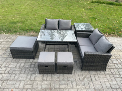 Fimous 7 Seater Garden Dining Set Rattan Outdoor Furniture Sofa With Rectangular Dining Table Double Seat Sofa 3 Footstools - image 1
