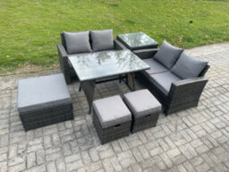 Fimous 7 Seater Garden Dining Set Rattan Outdoor Furniture Sofa With Rectangular Dining Table Double Seat Sofa 3 Footstools - thumbnail 2