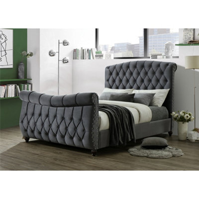"Worcester Upholstered Velvet Dark Grey Bed - Double 4Ft 6"" (150Cm)"